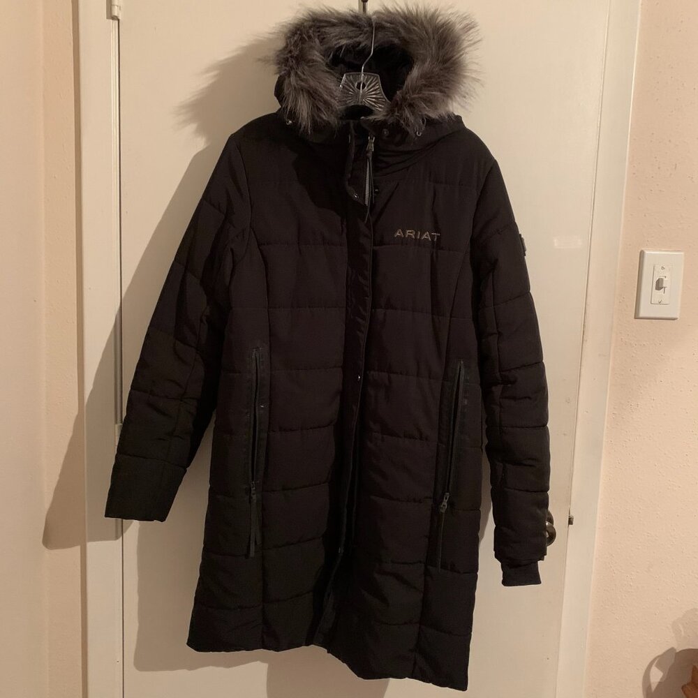 ARIAT INSULATED BLACK COAT - FANCY & LONG FAUX FUR HOODED WINTER JACKET